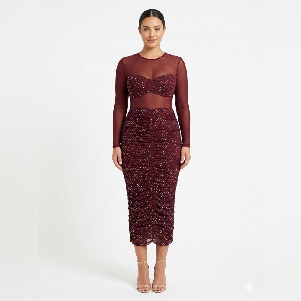 Klesis Burgundy Mesh Rhinestone Midi Dress Sparkly Party Wedding Gown size M NEW
